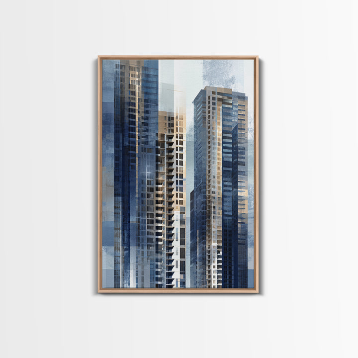 Modern Skyscraper Glass Reflections Framed Canvas Print, Urban Art, Textured Painting, Living Room Decor, Fine Art, Urban, URB-2x3-46