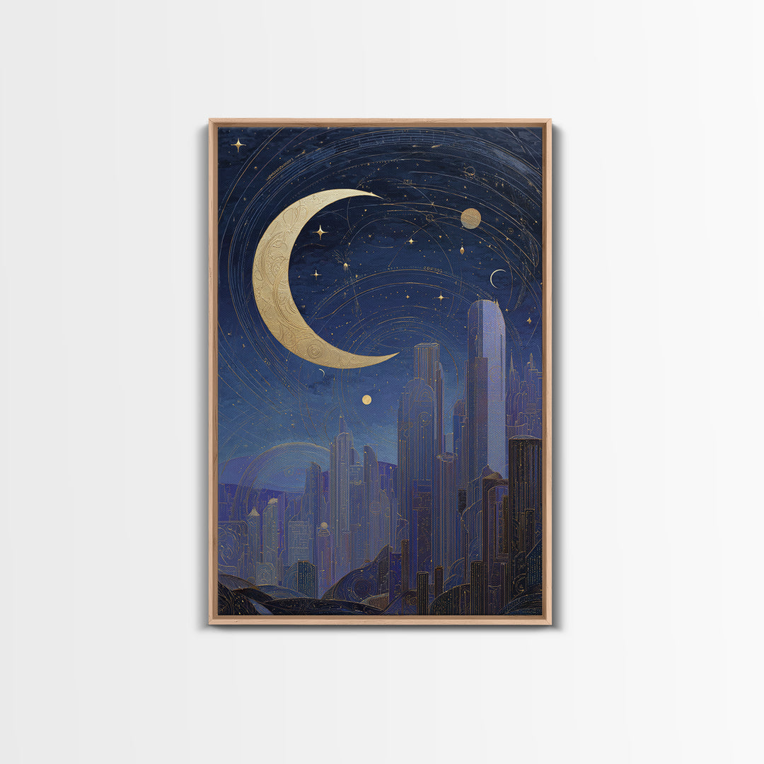 Night Skyline under Crescent Moon Framed Canvas Print, Urban Art, Neutral Decor, Living Room Decor, Fine Art, Urban, Wall Art, URB-2x3-56