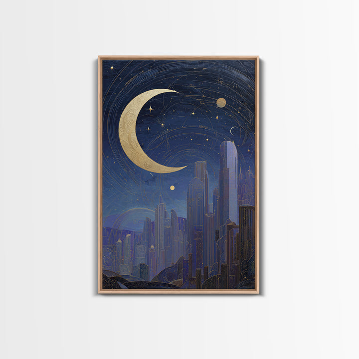 Night Skyline under Crescent Moon Framed Canvas Print, Urban Art, Neutral Decor, Living Room Decor, Fine Art, Urban, Wall Art, URB-2x3-56