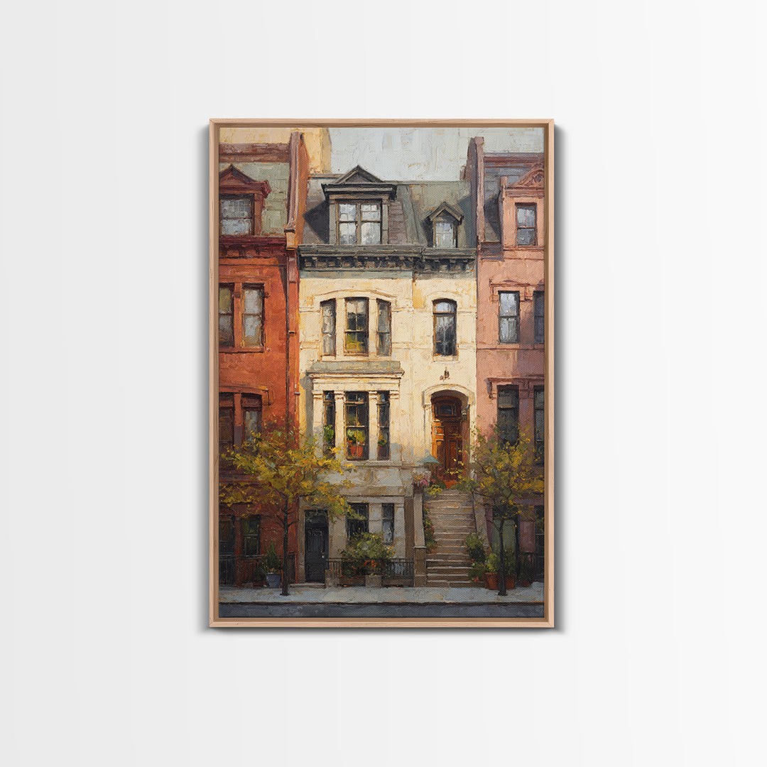 Brownstone Row in Soft Morning Light Framed Canvas Print, Urban Art, Gallery Decor, Living Room Decor, Abstract Art, Urban, URB-2x3-92
