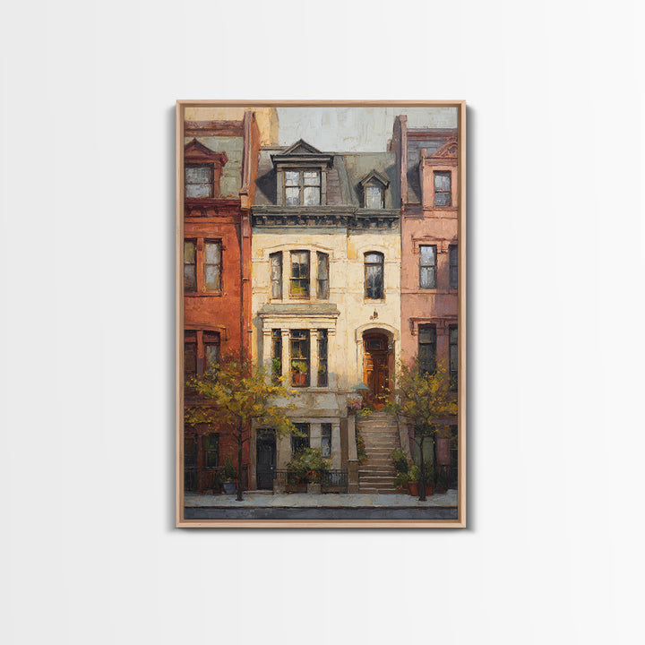 Brownstone Row in Soft Morning Light Framed Canvas Print, Urban Art, Gallery Decor, Living Room Decor, Abstract Art, Urban, URB-2x3-92