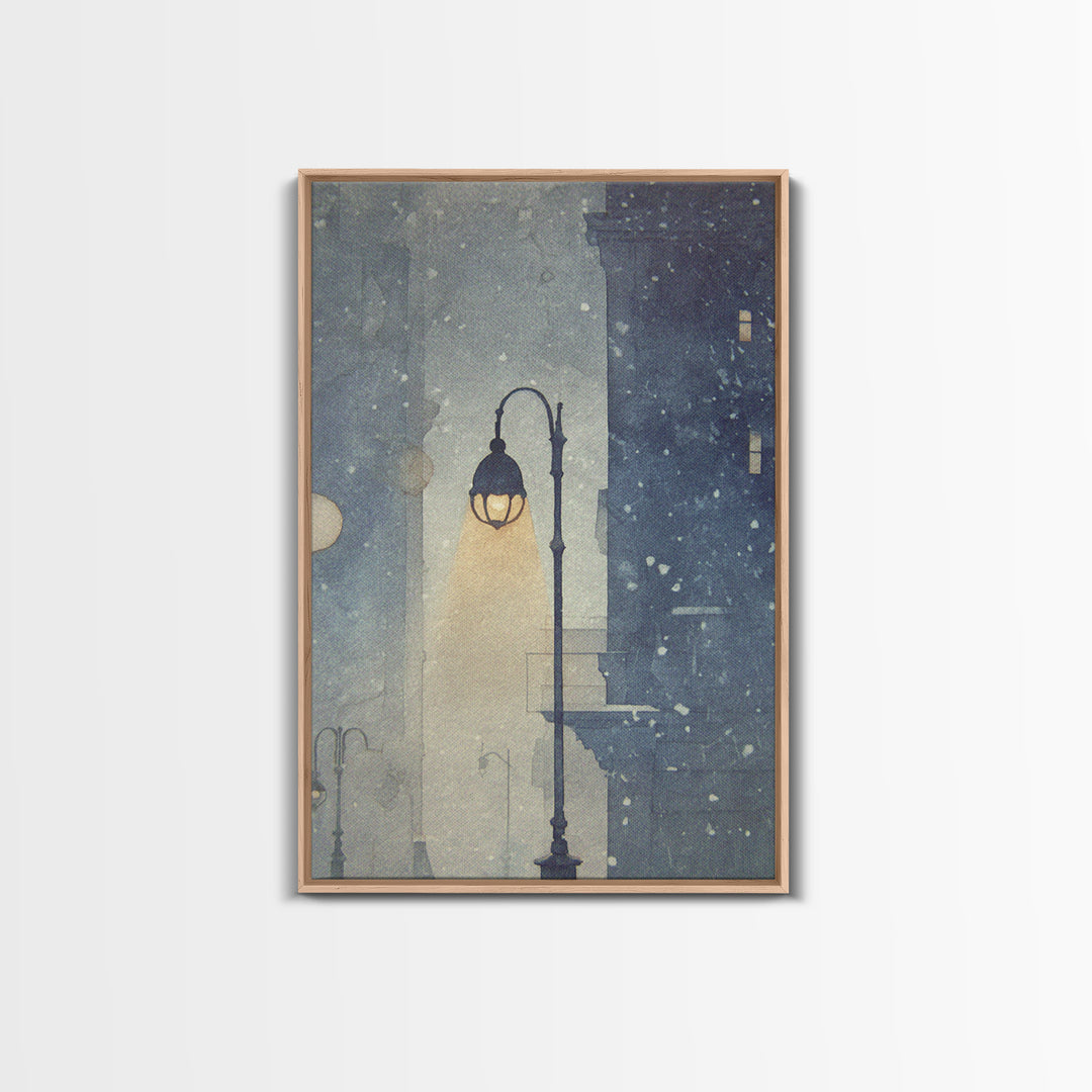 Streetlamp and Falling Snow Framed Canvas Print, Urban Art, Textured Wall Art, Living Room Decor, Urban, Digital Download Art, URB-2x3-93
