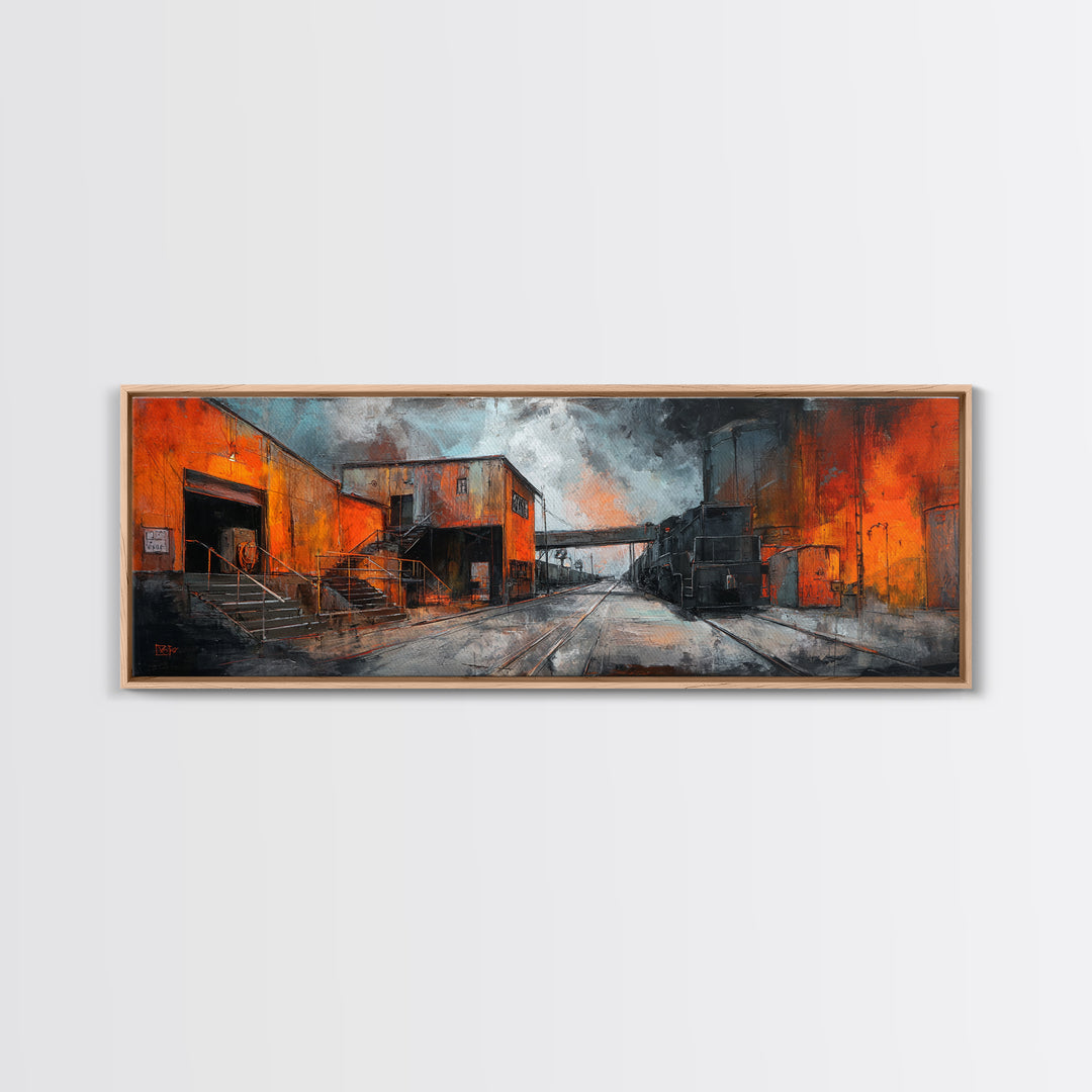 Industrial Rail Tracks Leading into City Canvas Print, Urban Art, Queer Art, Living Room Decor, Fine Art, Urban, URB-3x1-14