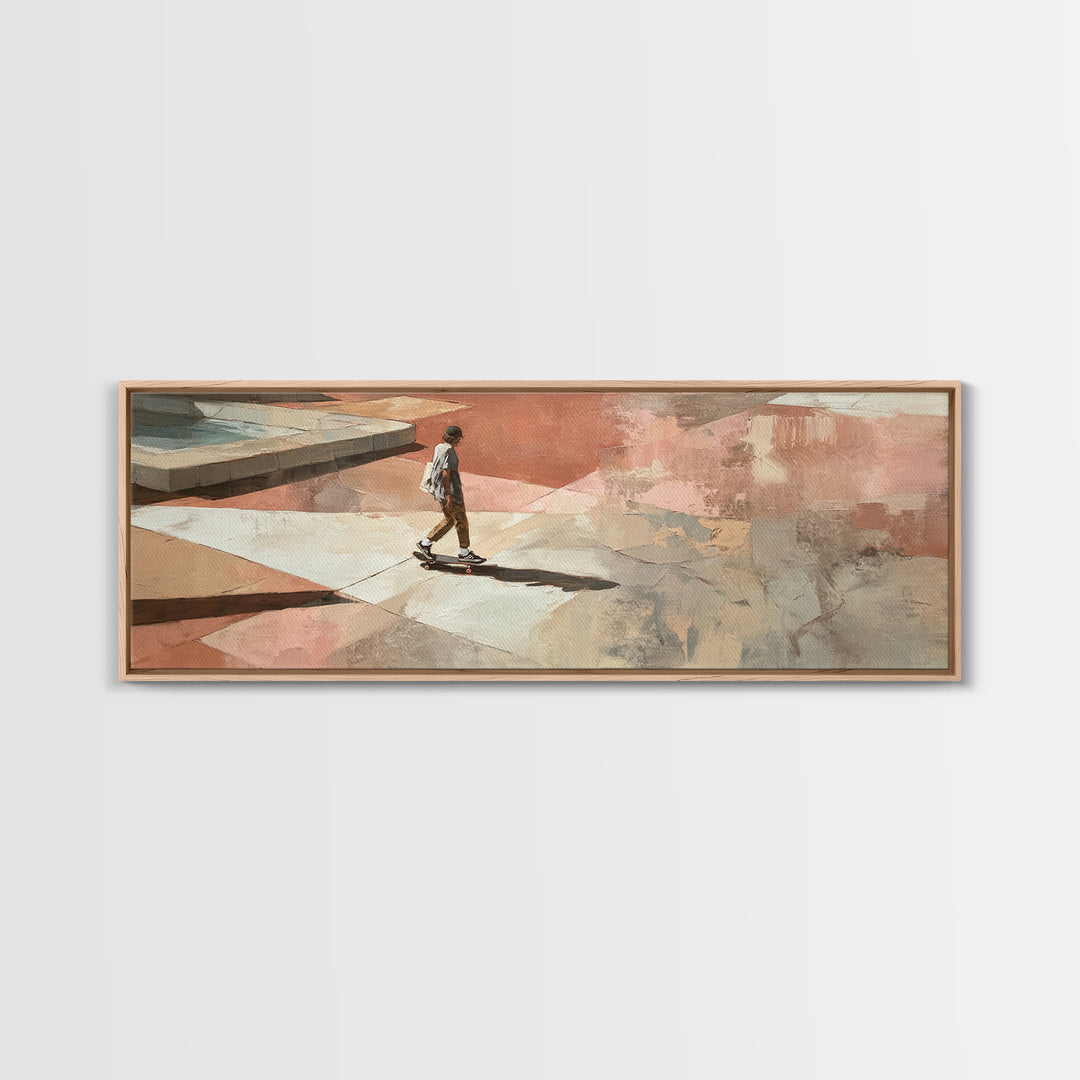 Skateboarder Crossing a Concrete Plaza Framed Canvas Print, Urban Art, Boho Decor, Living Room Decor, Fine Art, Urban, URB-3x1-23