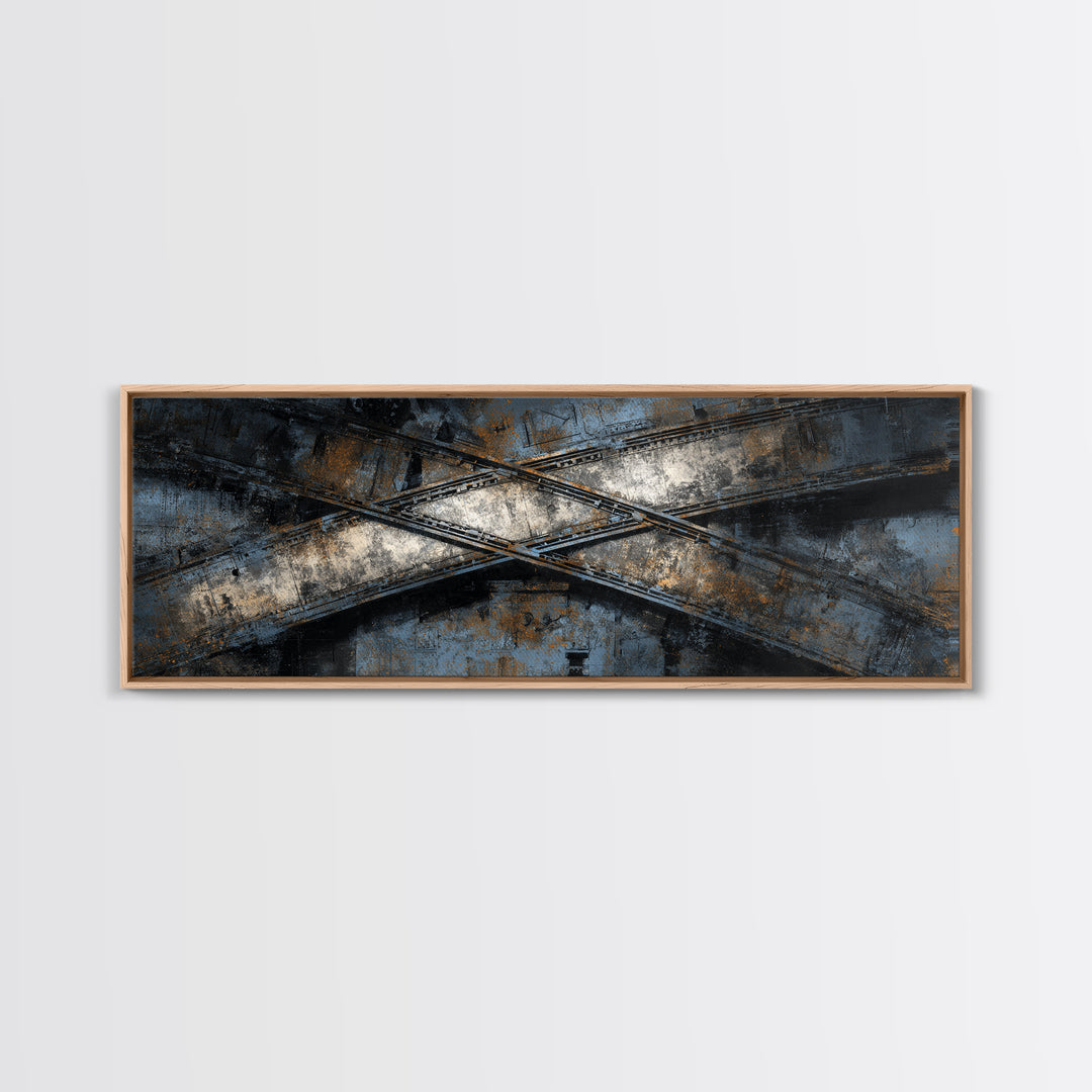 Industrial Rail Tracks Leading into City Canvas Print, Urban Art, Art Deco, Living Room Decor, Urban, Book Shelf Decor, URB-3x1-38
