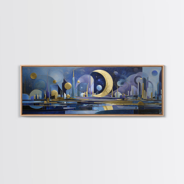 Night Skyline under Crescent Moon Canvas Print, Urban Art, Gallery Decor, Living Room Decor, Fine Art, Urban, Contemporary Art, URB-3x1-40