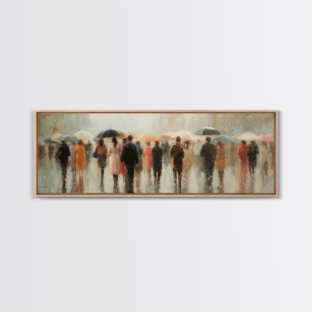 Rain Umbrella Figures Framed Canvas Print, Urban Art, Boho Decor, Living Room Decor, Fine Art, Urban, Digital Prints, URB-3x1-60