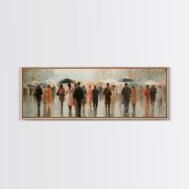 Rain Umbrella Figures Framed Canvas Print, Urban Art, Boho Decor, Living Room Decor, Fine Art, Urban, Digital Prints, URB-3x1-60
