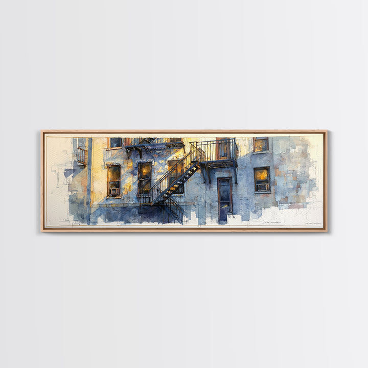 Fire Escape Silhouette Framed Canvas Print, Urban Art, Book Shelf Decor, Living Room Decor, Fine Art, Urban, Modern Decor, URB-3x1-90