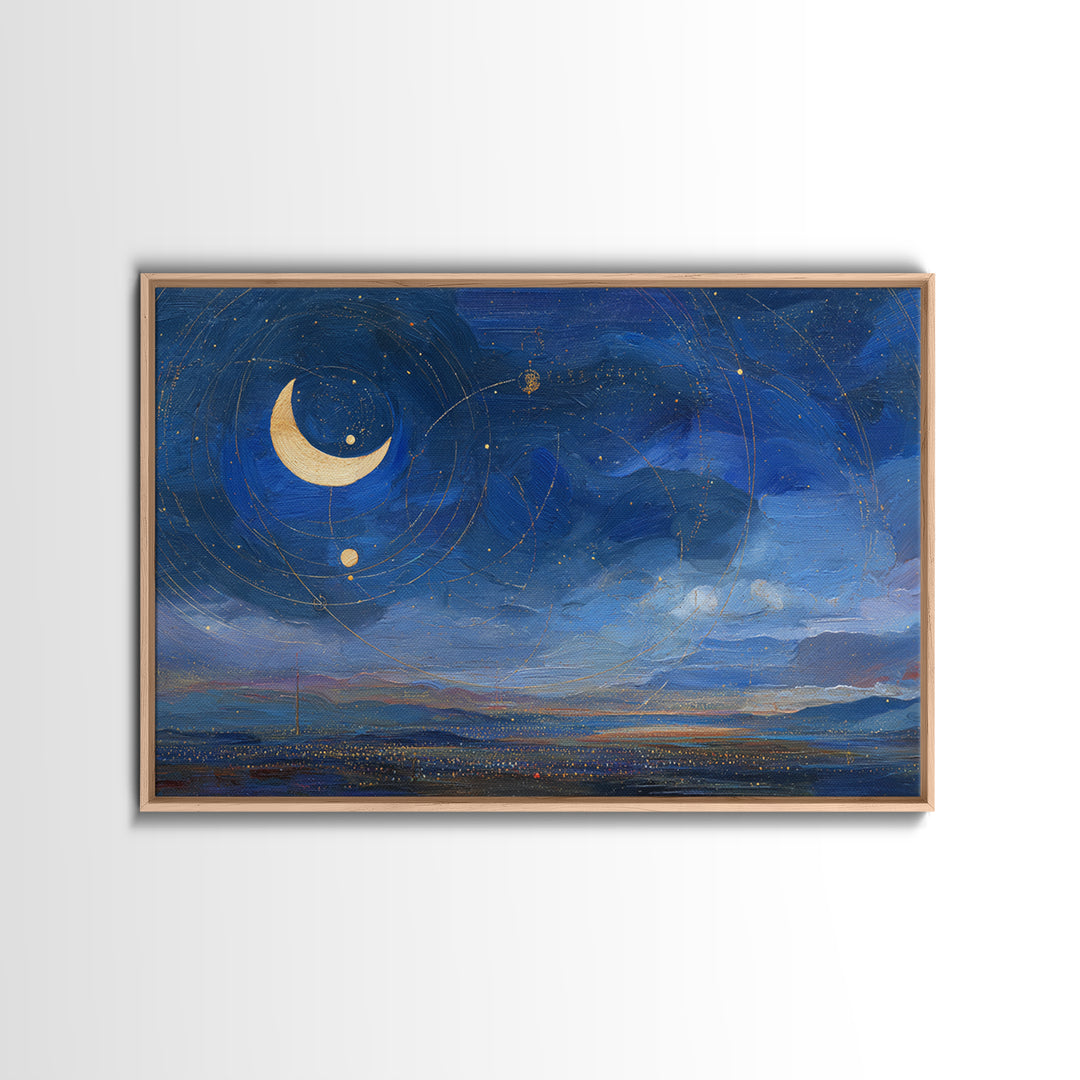 Night Skyline under Crescent Moon Framed Canvas Print, Urban Art, Fine Art Print, Living Room Decor, Abstract Art, Urban, URB-3x2-100