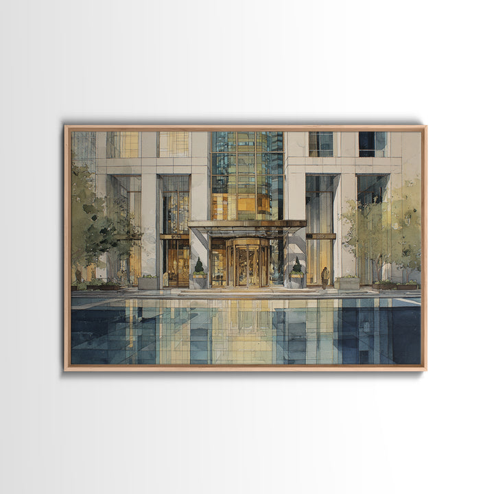 Modern Skyscraper Glass Reflections Framed Canvas Print, Urban Art, Art Deco, Living Room Decor, Urban, Book Shelf Decor, URB-3x2-18