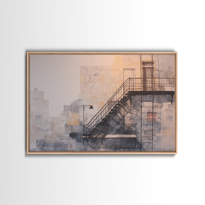Fire Escape Silhouette Framed Canvas Print, Urban Art, Textured Wall Art, Living Room Decor, Urban, Digital Download Art, URB-3x2-6