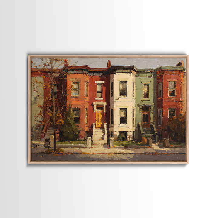 Brownstone Row in Soft Morning Light Framed Canvas Print, Urban Art, Gallery Decor, Living Room Decor, Abstract Art, Urban, URB-3x2-64