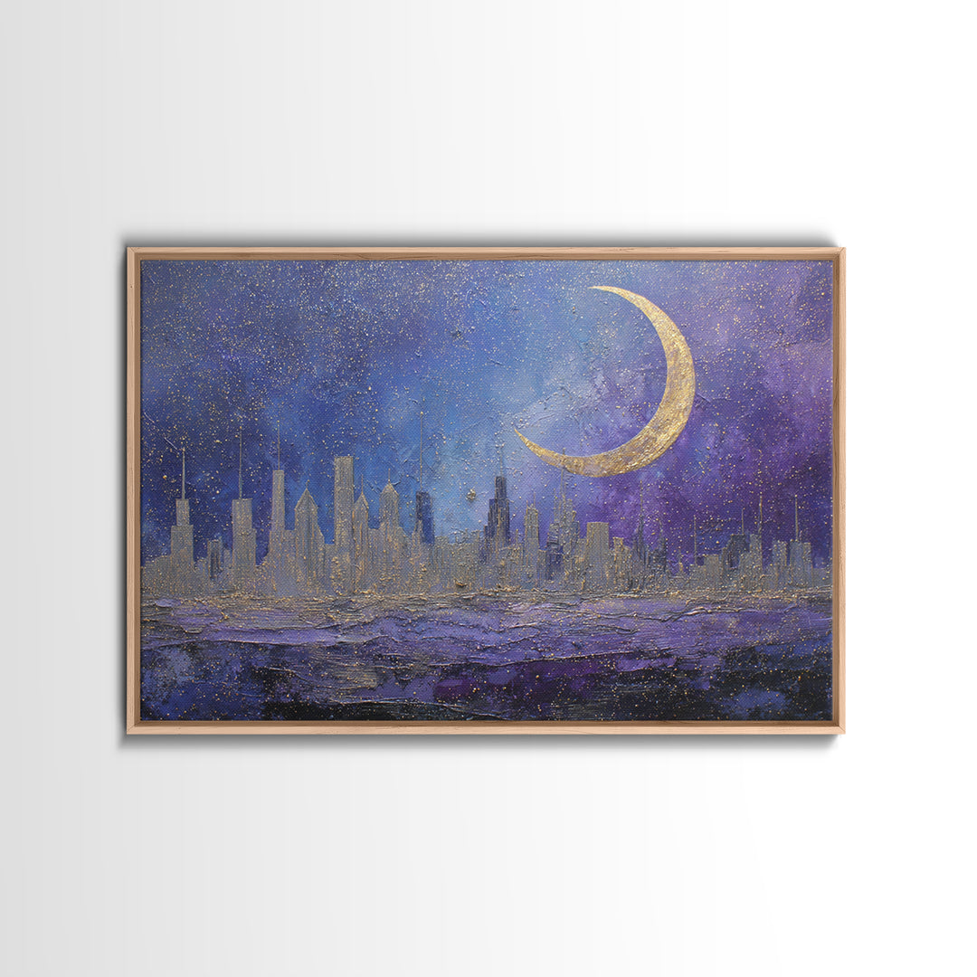 Night Skyline under Crescent Moon Canvas Print, Urban Art, Basketball Wall Art, Living Room Decor, Abstract Art, Urban, URB-3x2-76
