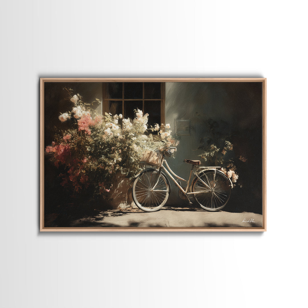 Bicycle Locked to Post Framed Canvas Print, Urban Art, Poster, Living Room Decor, Watercolor Art, Urban, Modern Wall Art, URB-3x2-91