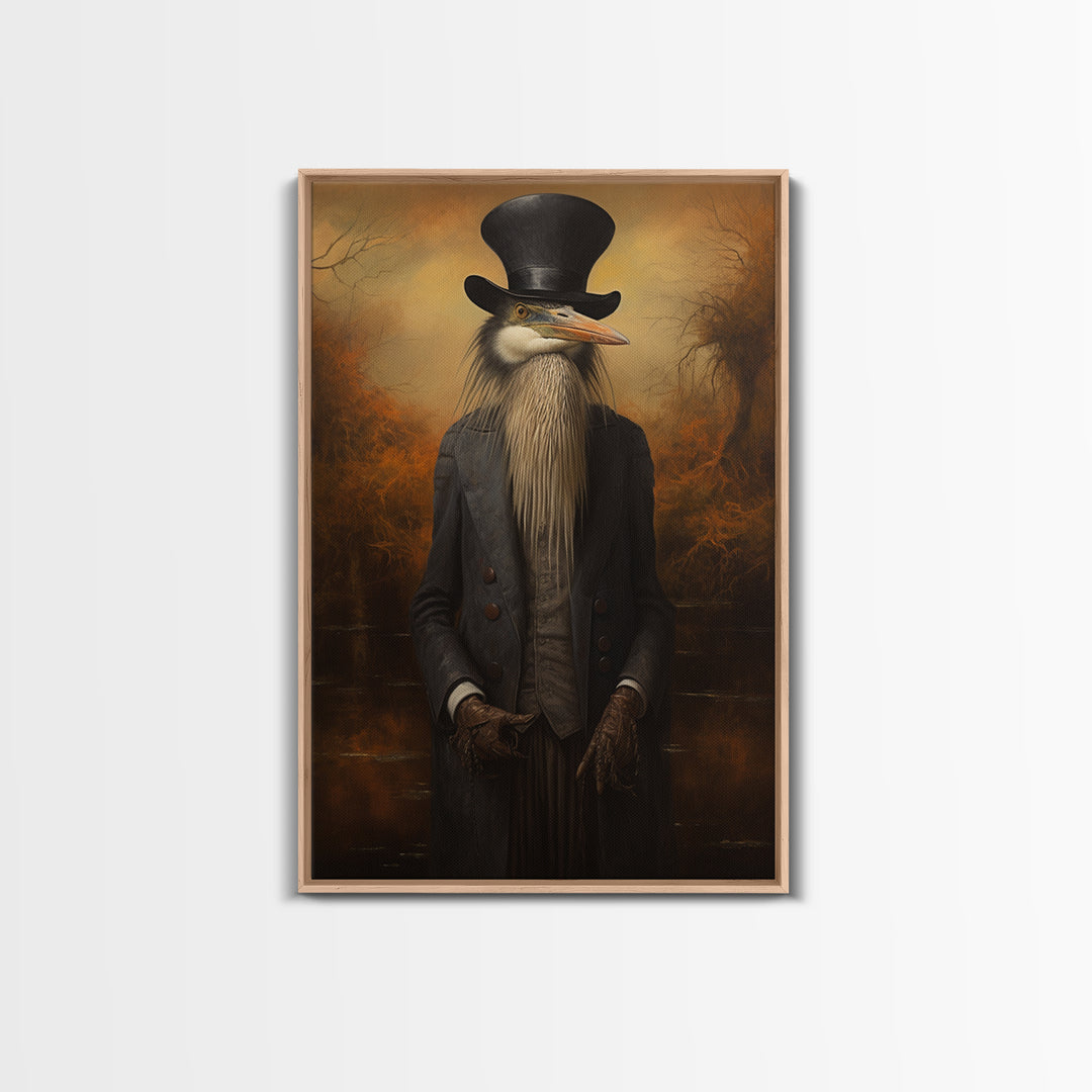 Heron Naturalist, Victorian Animal Portrait, Halloween Art, Gothic Whimsy Decor, Anthropomorphic Costume Art