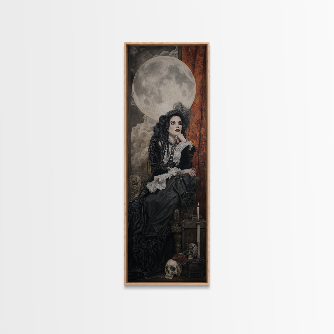 The Moonlit Witch, Dark Academia Wall Art, Tall Narrow Wall Art, Canvas Print, Gothic Wall Decor, Halloween Portrait Art