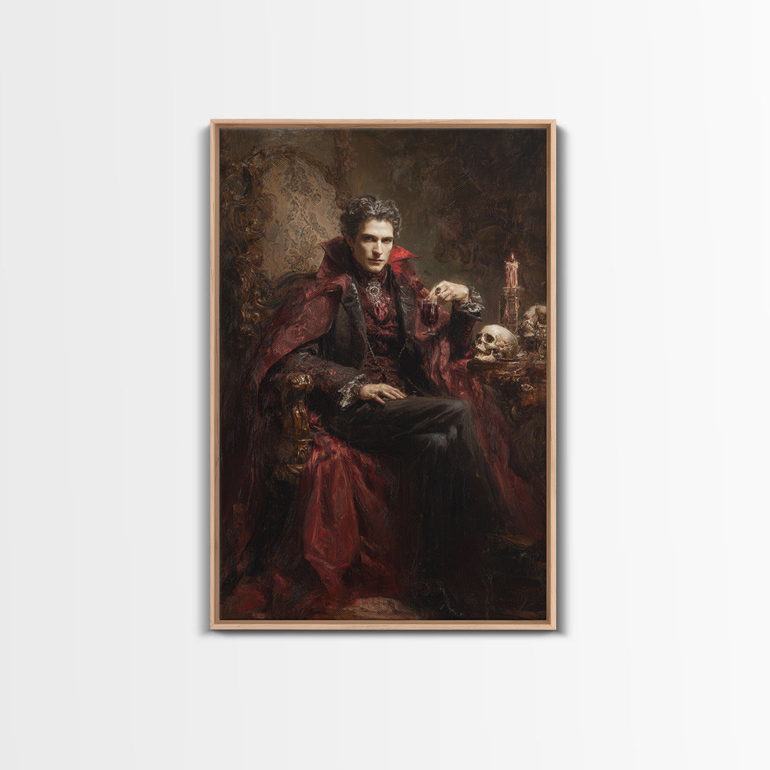 The Crimson Vampire, Victorian Horror Portrait, Vertical Wall Art, Framed Canvas Print, Gothic Wall Decor, Halloween Portrait Art