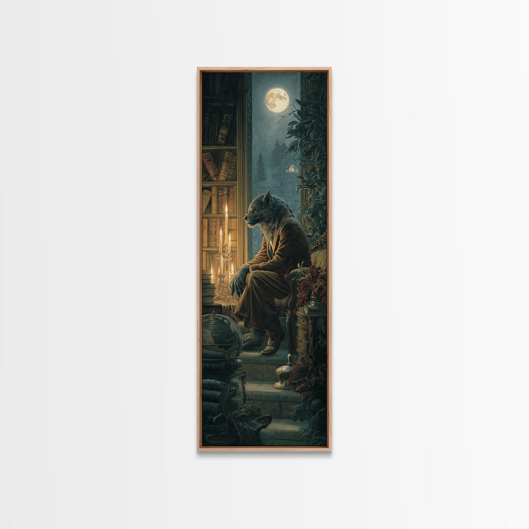 The Moon-Cursed Werewolf, Dark Academia Wall Art, Tall Narrow Wall Art, Framed Canvas Print, Gothic Wall Decor, Halloween Portrait Art