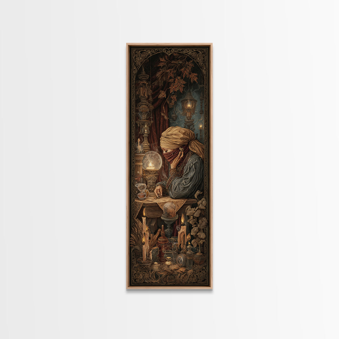 The Midnight Fortune Teller, Victorian Gothic Art, Tall Narrow Wall Art, Framed Canvas Print, Gothic Wall Decor, Halloween Portrait Art