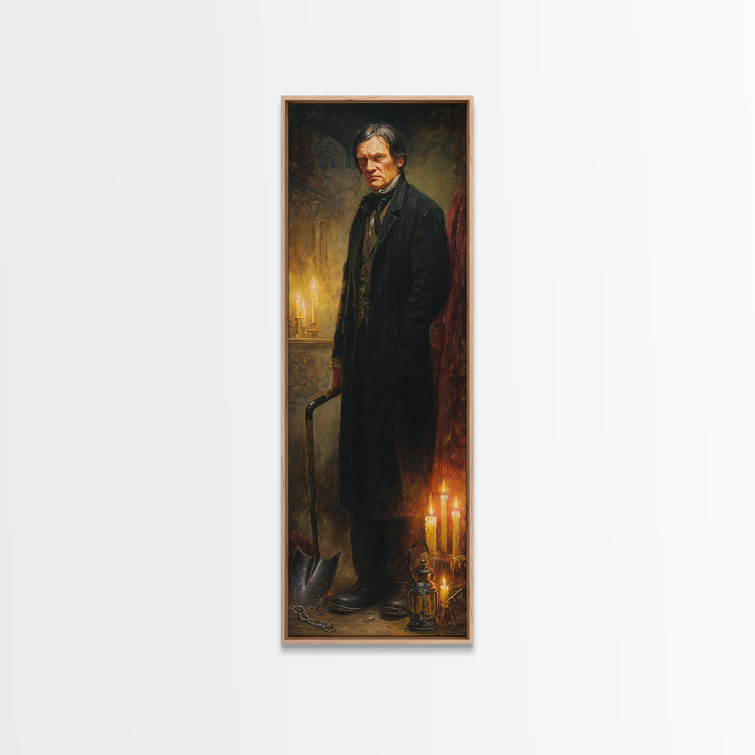 The Lantern Gravedigger, Victorian Gothic Art, Tall Narrow Wall Art, Framed Canvas Print, Gothic Wall Decor, Halloween Portrait Art