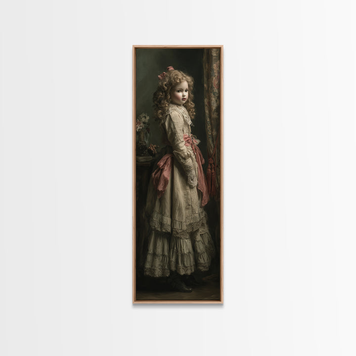 The Haunted Porcelain Doll, Antique Gothic Portrait, Tall Narrow Wall Art, Framed Canvas Print, Gothic Wall Decor, Halloween Portrait Art