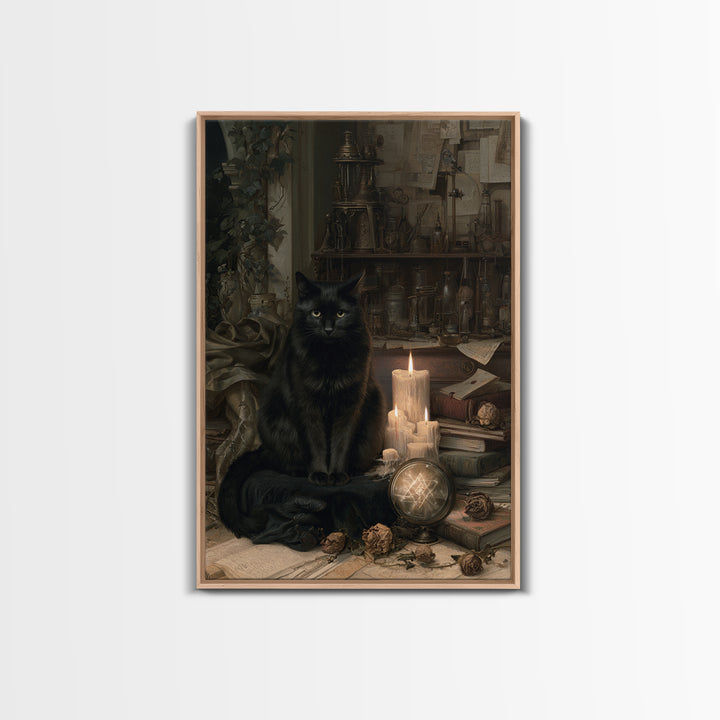 The Black Cat Familiar, Antique Gothic Portrait, Vertical Wall Art, Framed Canvas Print, Gothic Wall Decor, Halloween Portrait Art