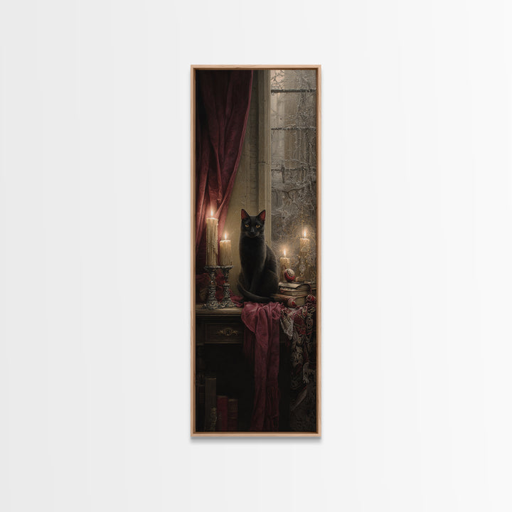 The Black Cat Familiar, Macabre Victorian Decor, Tall Narrow Wall Art, Canvas Print, Gothic Wall Decor, Halloween Portrait Art