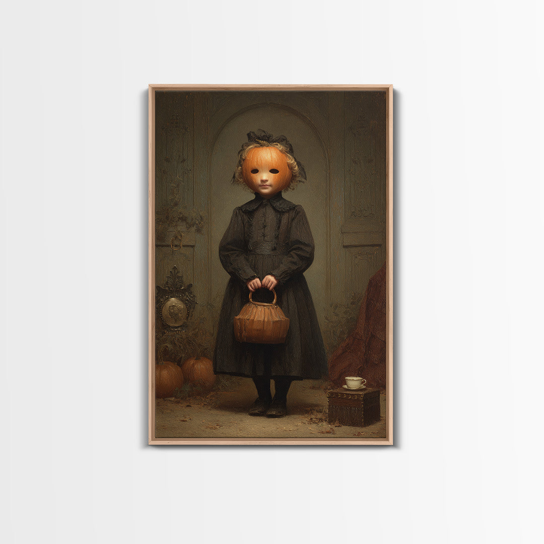 The Pumpkin-Headed Child, Dark Academia Wall Art, Vertical Wall Art, Canvas Print, Gothic Wall Decor, Halloween Portrait Art