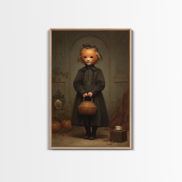 The Pumpkin-Headed Child, Dark Academia Wall Art, Vertical Wall Art, Canvas Print, Gothic Wall Decor, Halloween Portrait Art