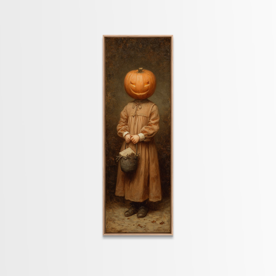 The Pumpkin-Headed Child, Victorian Gothic Art, Tall Narrow Wall Art, Framed Canvas Print, Gothic Wall Decor, Halloween Portrait Art
