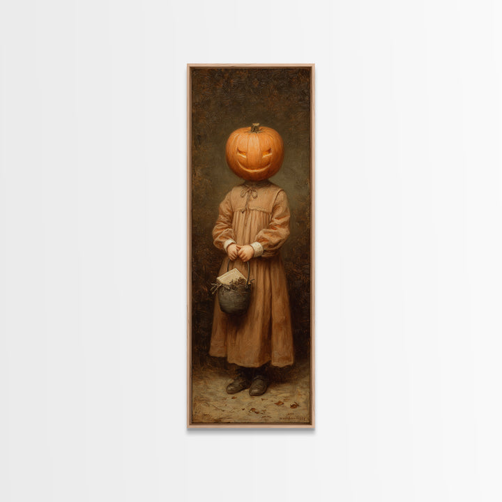 The Pumpkin-Headed Child, Victorian Gothic Art, Tall Narrow Wall Art, Framed Canvas Print, Gothic Wall Decor, Halloween Portrait Art