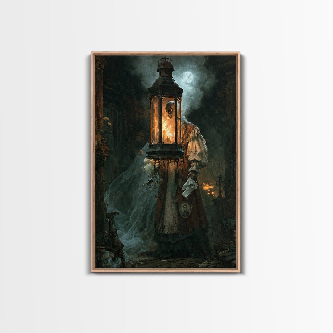 The Lantern Specter, Victorian Horror Portrait, Vertical Wall Art, Canvas Print, Gothic Wall Decor, Halloween Portrait Art, Dark Fantasy Art