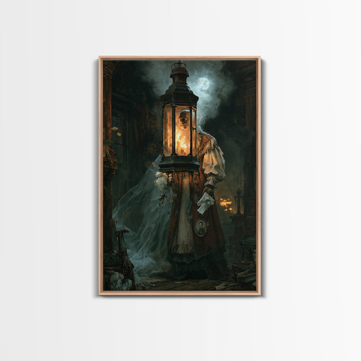 The Lantern Specter, Victorian Horror Portrait, Vertical Wall Art, Canvas Print, Gothic Wall Decor, Halloween Portrait Art, Dark Fantasy Art