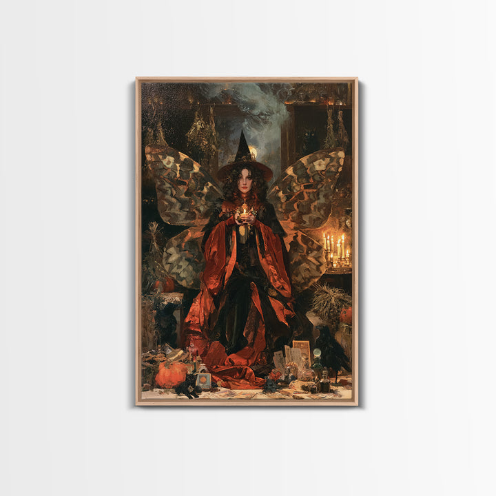 The Velvet Moth Witch, Macabre Victorian Decor, Vertical Wall Art, Framed Canvas Print, Gothic Wall Decor, Halloween Portrait Art