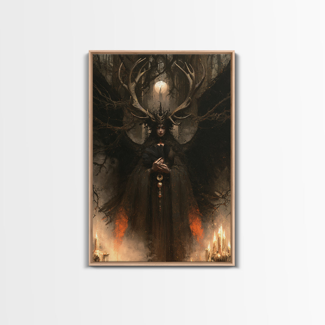 The Antlered Forest Spirit, Macabre Victorian Decor, Vertical Wall Art, Framed Canvas Print, Gothic Wall Decor, Halloween Portrait Art