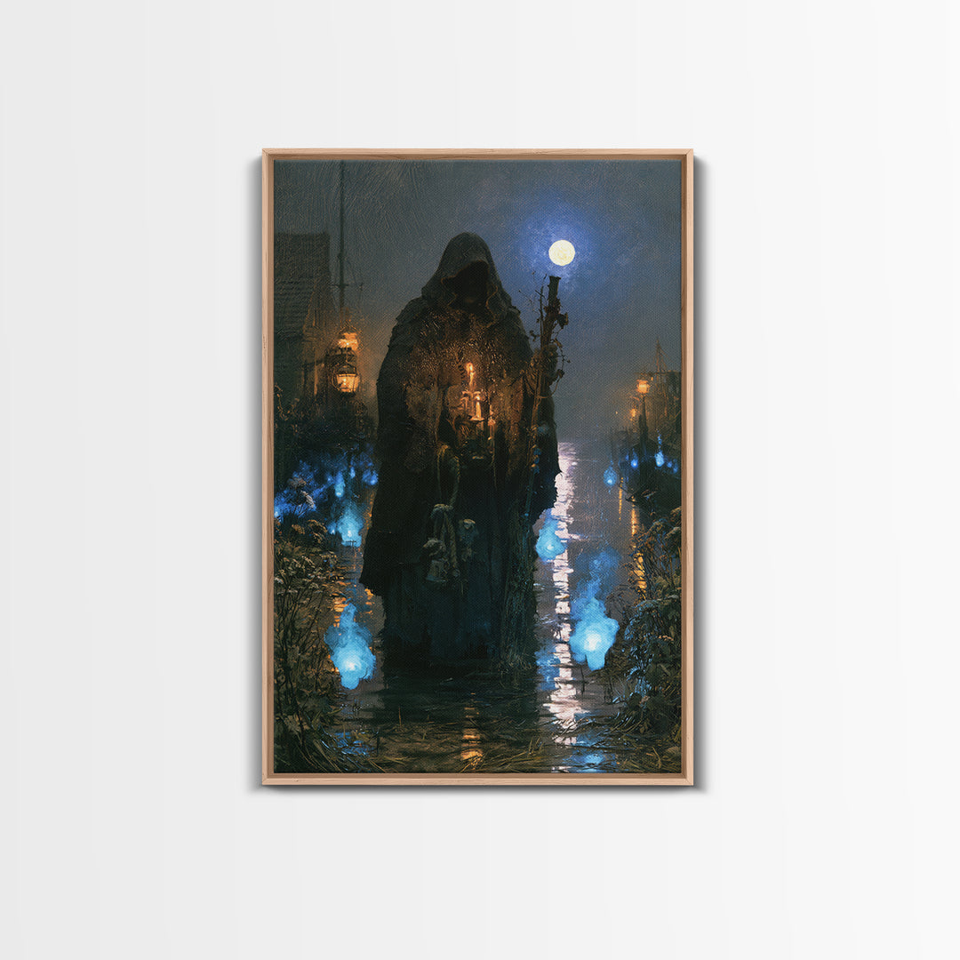 The Will-O'-The-Wisp Shepherd, Victorian Horror Portrait, Vertical Wall Art, Framed Canvas Print, Gothic Wall Decor, Halloween Portrait Art
