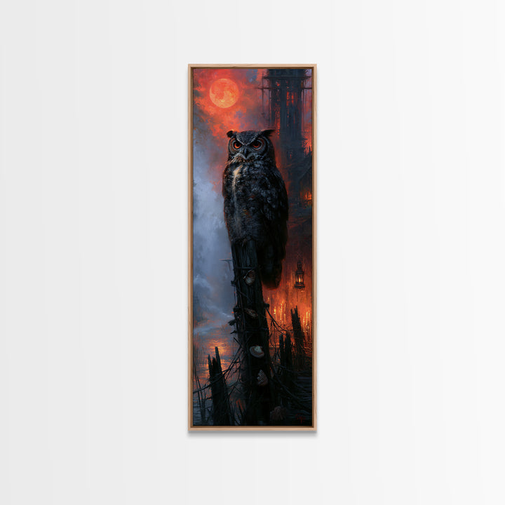 The Owl-Faced Omen, Macabre Victorian Decor, Tall Narrow Wall Art, Canvas Print, Gothic Wall Decor, Halloween Portrait Art, Dark Fantasy Art