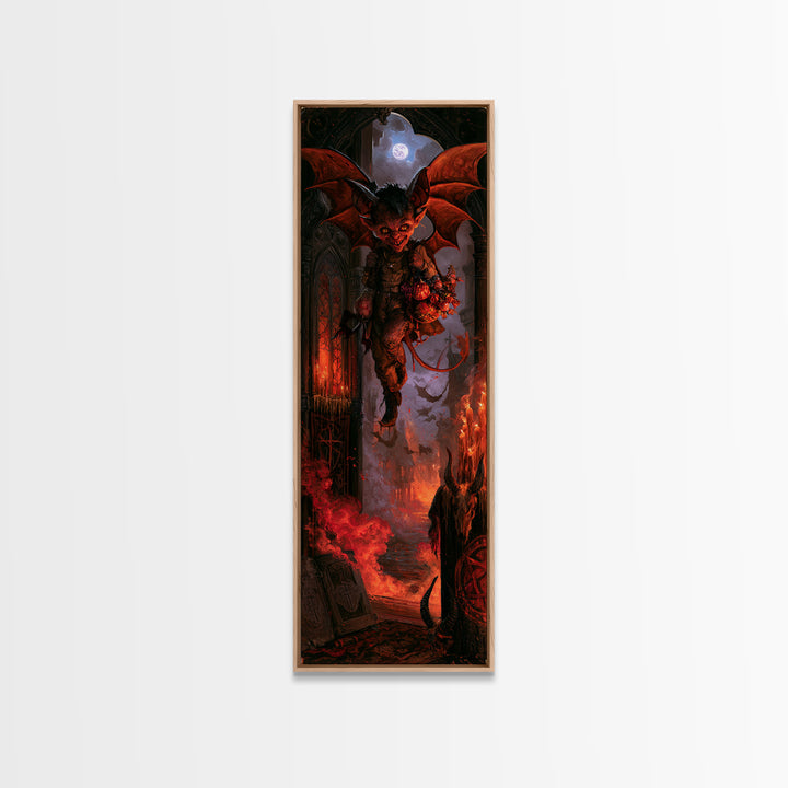 The Bat-Winged Imp, Macabre Victorian Decor, Tall Narrow Wall Art, Canvas Print, Gothic Wall Decor, Halloween Portrait Art