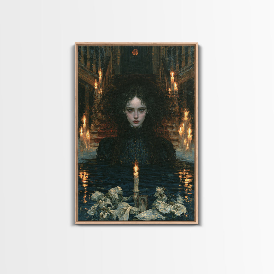 The Lake Phantom, Antique Gothic Portrait, Vertical Wall Art, Framed Canvas Print, Gothic Wall Decor, Halloween Portrait Art