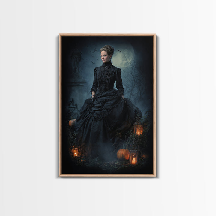 The Moonlit Cemetery, Victorian Gothic Art, Vertical Wall Art, Framed Canvas Print, Gothic Wall Decor, Halloween Portrait Art