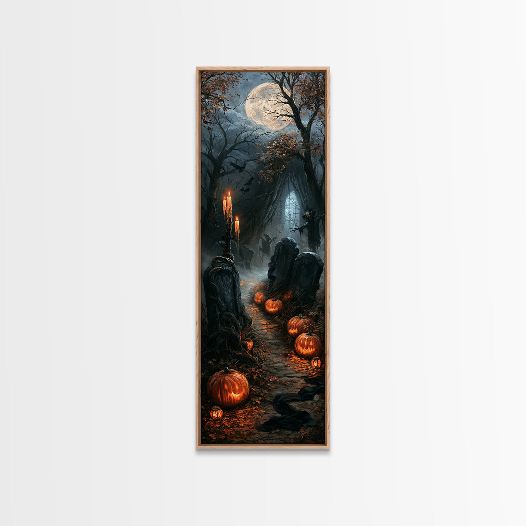 The Moonlit Cemetery, Victorian Gothic Art, Tall Narrow Wall Art, Canvas Print, Gothic Wall Decor, Halloween Portrait Art, Gothic Home Decor
