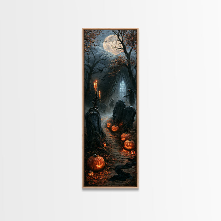 The Moonlit Cemetery, Victorian Gothic Art, Tall Narrow Wall Art, Canvas Print, Gothic Wall Decor, Halloween Portrait Art, Gothic Home Decor