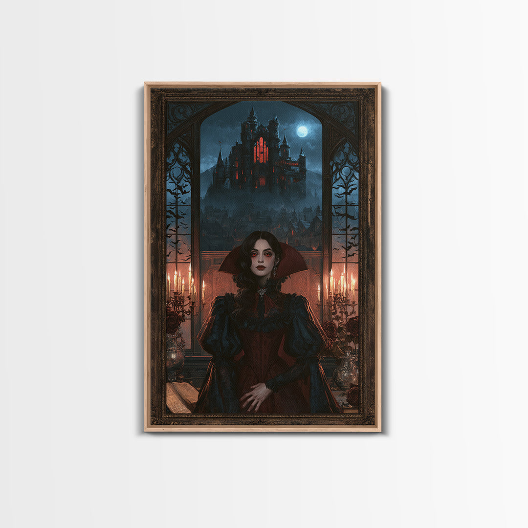 The Vampire Castle, Victorian Horror Portrait, Vertical Wall Art, Framed Canvas Print, Gothic Wall Decor, Halloween Portrait Art