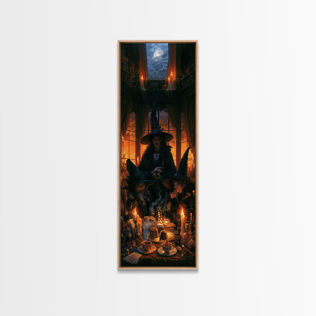The Witches' Tea Party, Antique Gothic Portrait, Tall Narrow Wall Art, Canvas Print, Gothic Wall Decor, Halloween Portrait Art
