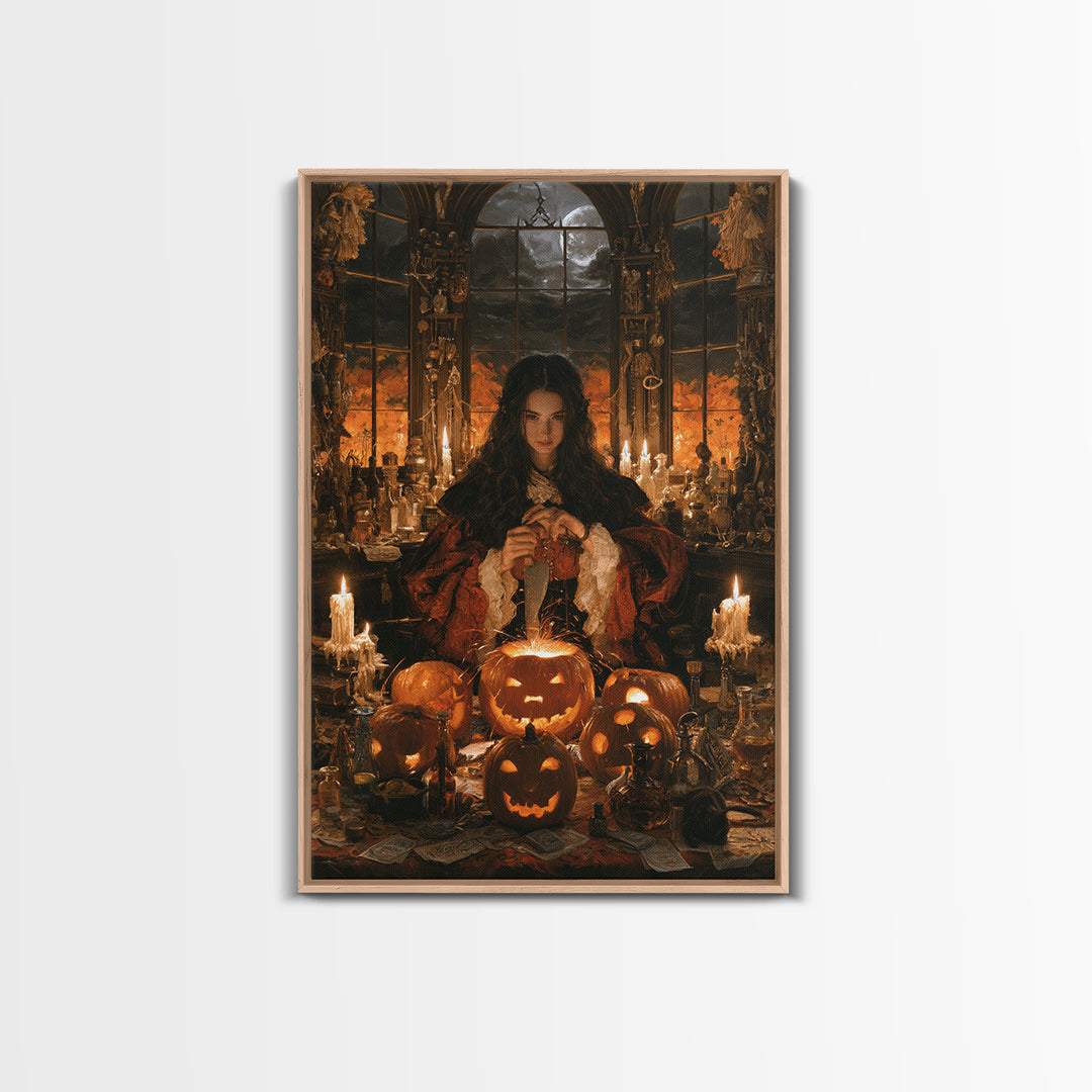 The Pumpkin-Carving Ritual, Victorian Gothic Art, Vertical Wall Art, Canvas Print, Gothic Wall Decor, Halloween Portrait Art