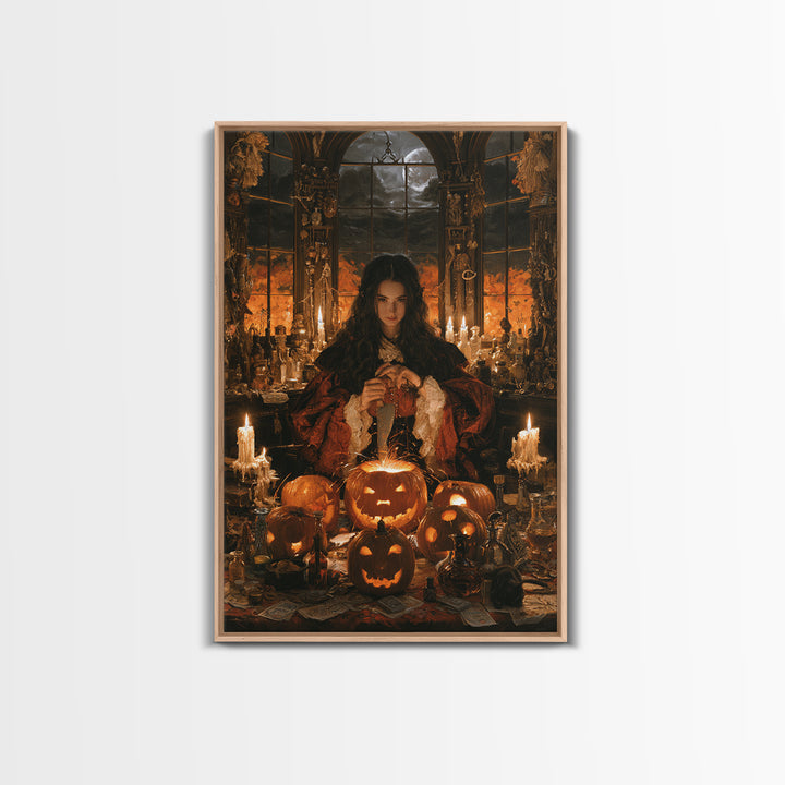 The Pumpkin-Carving Ritual, Victorian Gothic Art, Vertical Wall Art, Canvas Print, Gothic Wall Decor, Halloween Portrait Art