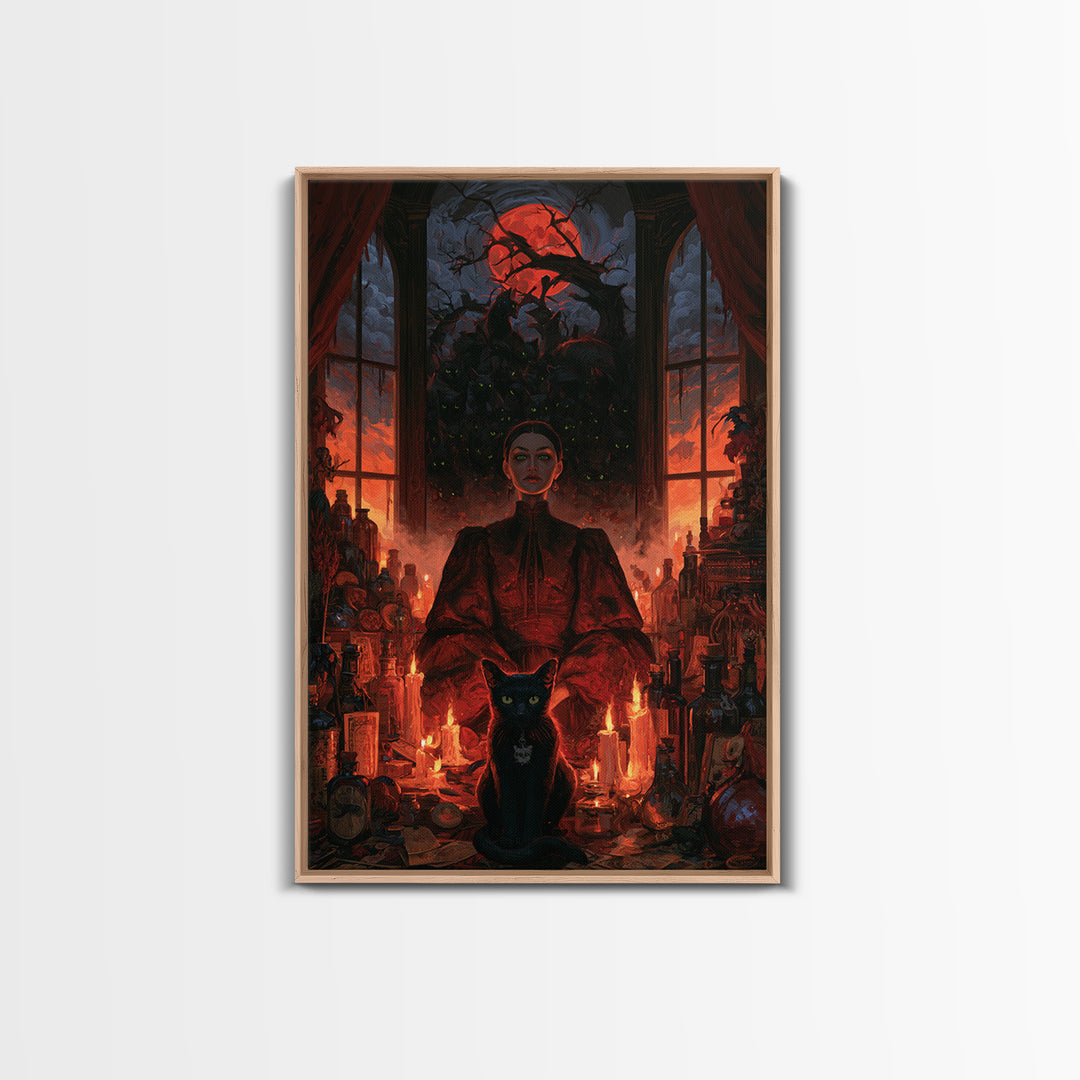 The Black Cat Gathering, Macabre Victorian Decor, Vertical Wall Art, Framed Canvas Print, Gothic Wall Decor, Halloween Portrait Art
