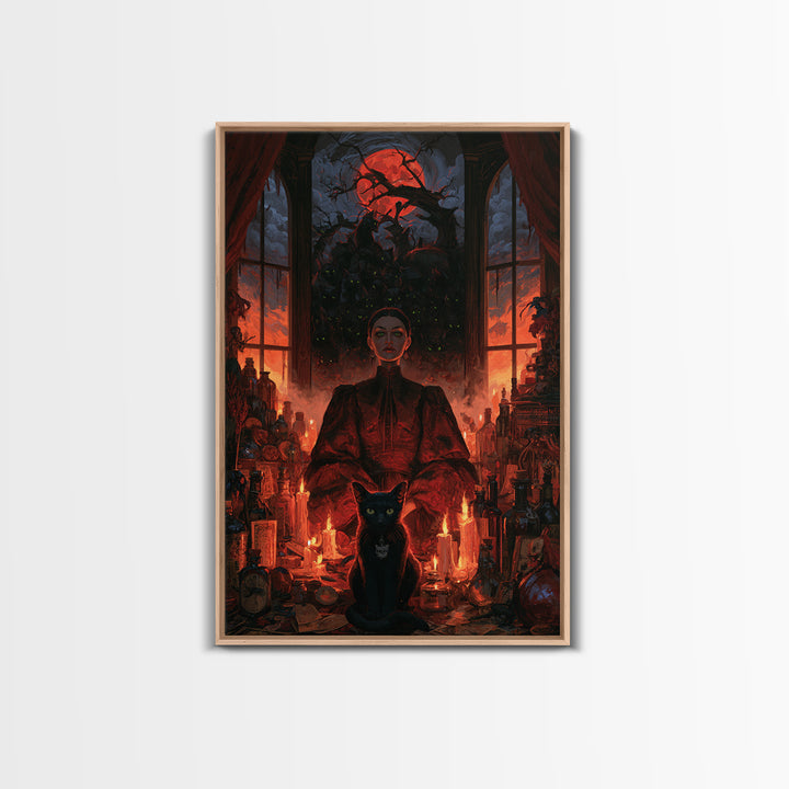 The Black Cat Gathering, Macabre Victorian Decor, Vertical Wall Art, Framed Canvas Print, Gothic Wall Decor, Halloween Portrait Art