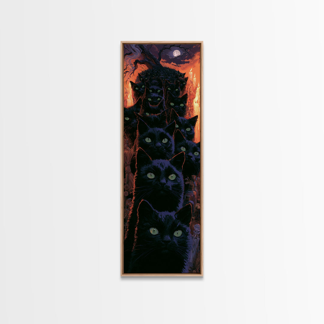 The Black Cat Gathering, Macabre Victorian Decor, Tall Narrow Wall Art, Framed Canvas Print, Gothic Wall Decor, Halloween Portrait Art